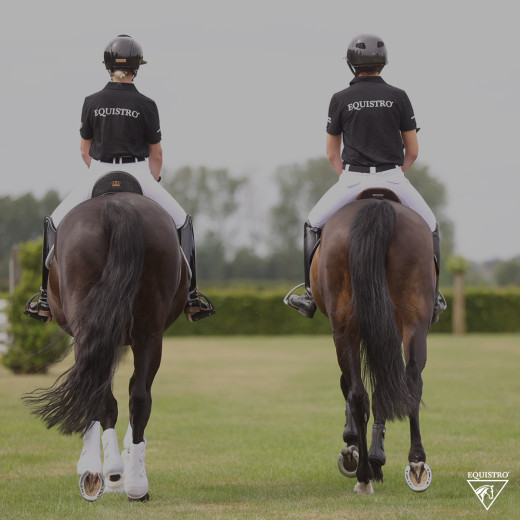 Zwei Pferde mit Reiter:innen reiten nebeneinander her